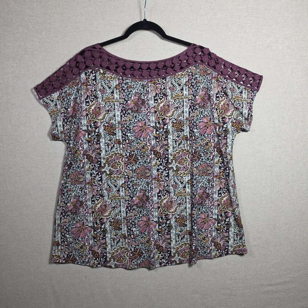 Cato Boho Floral paisley short sleeve Top burgundy Crochet Lace Trim Blouse XL